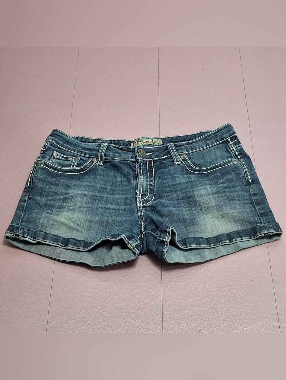BKE Shorts Tenley Destroyed Blue Denim Shorts 30  Embroidered Stretch
